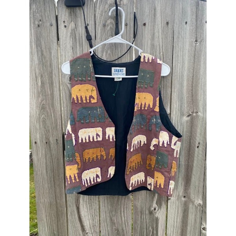 Vintage Soho Compagnie Elephant Block‎ Print Cotton Vest Burgundy Small